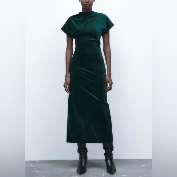 ZARA ~ Green Draped Velvet Dress - Picture 4 of 12